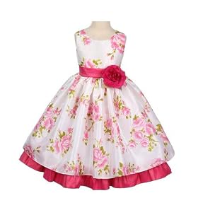 Flower Girl Dresses - Floral Tafetta Dress with Pink Fuchsia Accents and Flower (Size 1/2 - 11/12)